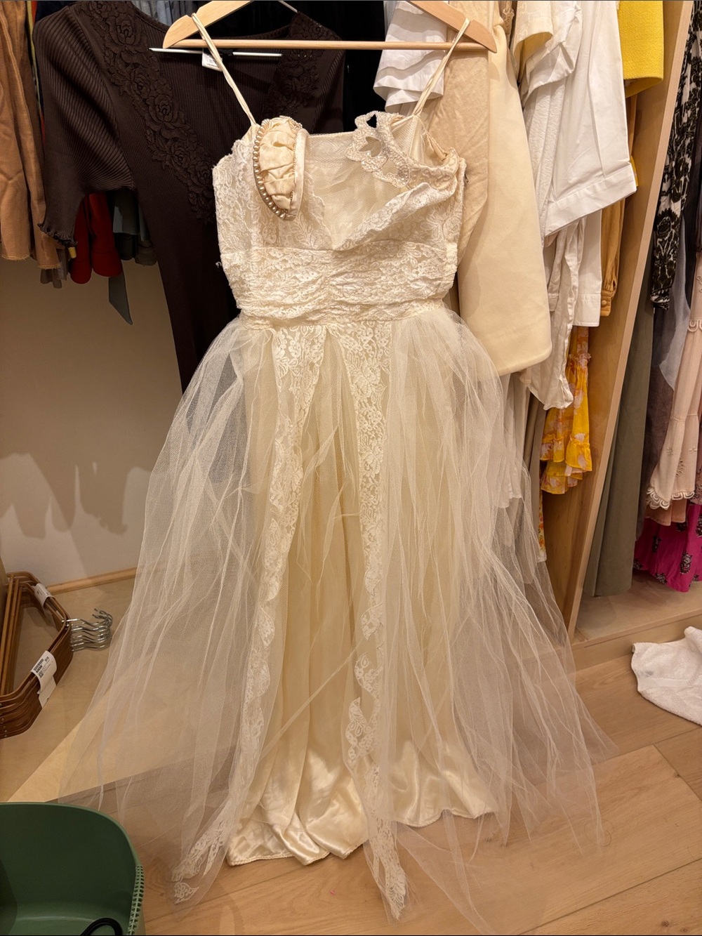 1950’s Ivory Lace & Tulle Spaghetti Strap Gown